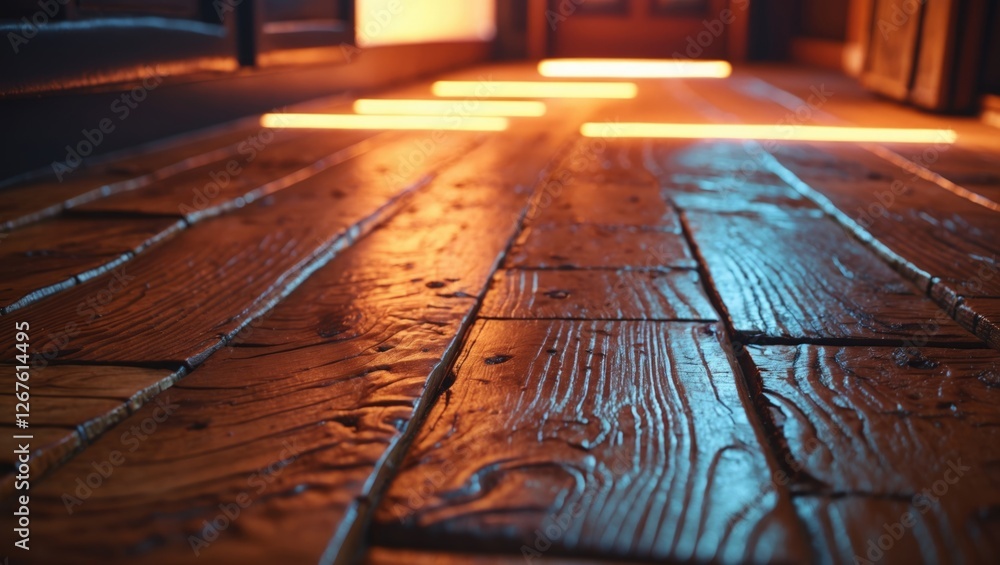 Poster ambient lighting illuminating textured wooden floor with reflections creating a warm and inviting at