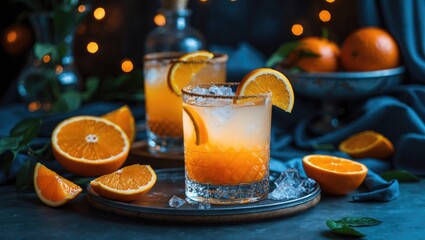 Fototapeta premium Refreshing Orange Cocktail with Garnish Served on a Rustic Table Surrounded by Fresh Oranges and Twinkling Decorative Lights