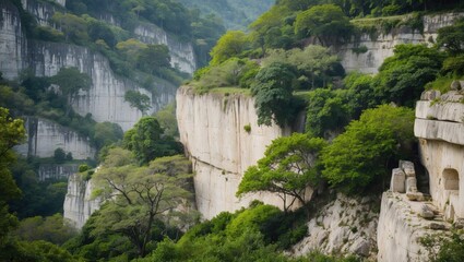 Limestone cliffs adorned with lush greenery and trees create a serene natural landscape in a mountainous setting.