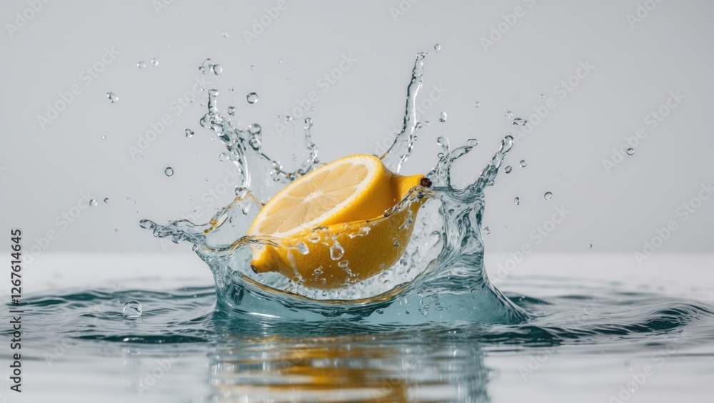 Poster lemon slice splashing into clear water creating dynamic ripples against minimalist white background 