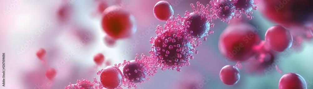 Poster an intricate visualization of cellular structures showcasing vibrant red and purple cells against a 