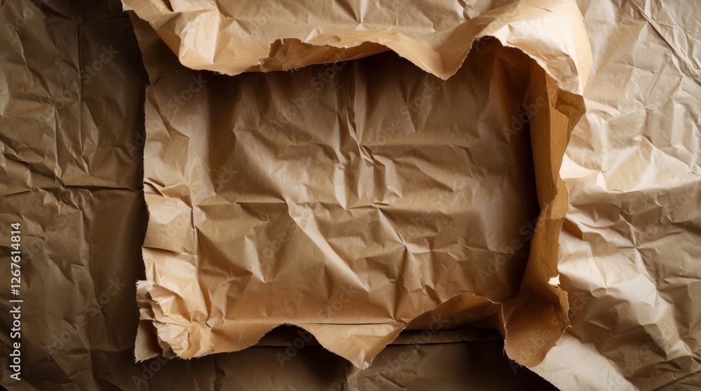 Poster crumpled brown kraft paper texture with an empty framed area for creative use and background design 