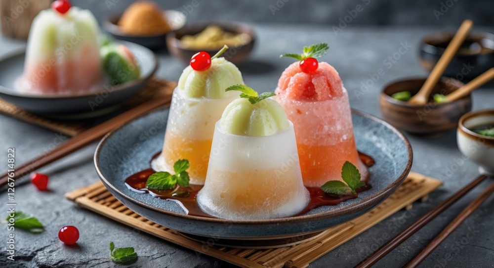 Aufkleber korean ice shabu dessert with colorful layers and cherry garnish on slate plate with empty space for