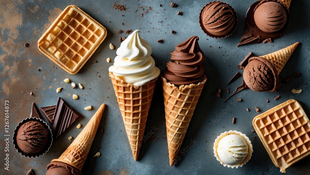 Poster delicious ice cream waffle cones vanilla and chocolate on rustic table with empty space for text and