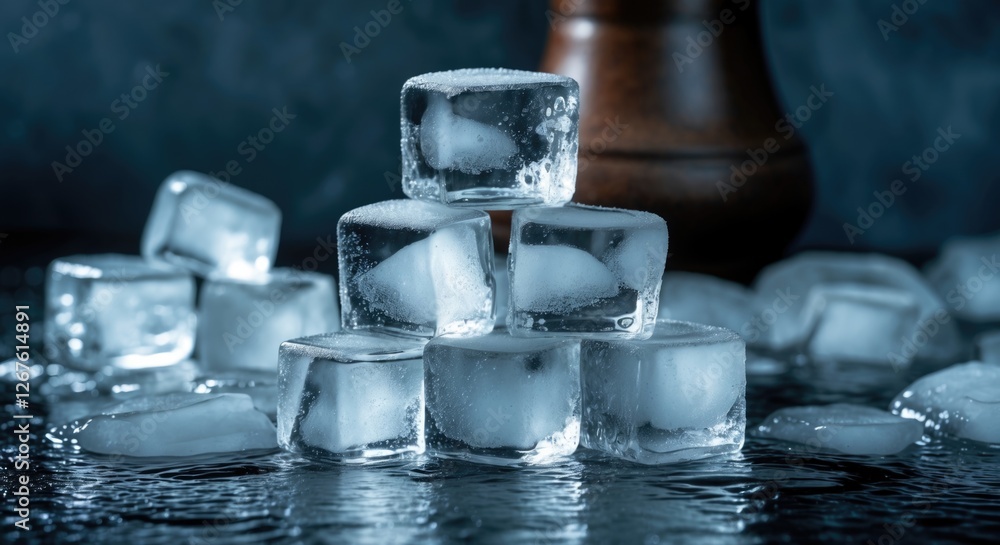 Poster stacked ice cubes on a reflective surface with a dark background enhancing their clarity and texture