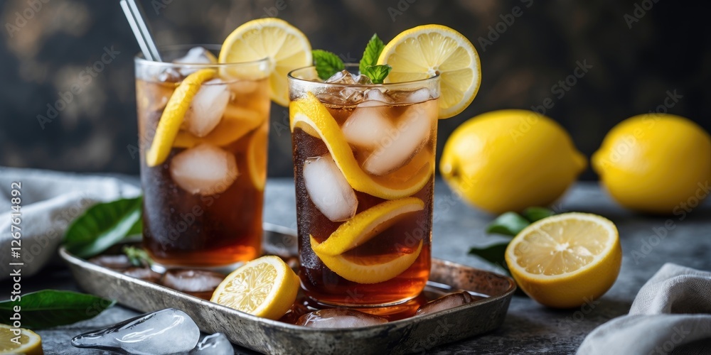 Poster refreshing iced tea with fresh lemon slices on a rustic tray in a cozy setting with empty space for 