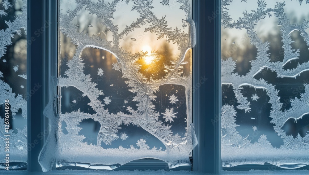 Poster frozen window texture with intricate ice patterns and sunlight shining through trees in a winter lan
