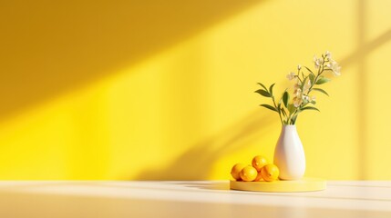 Still life: yellow background with lemons and flowers in vase