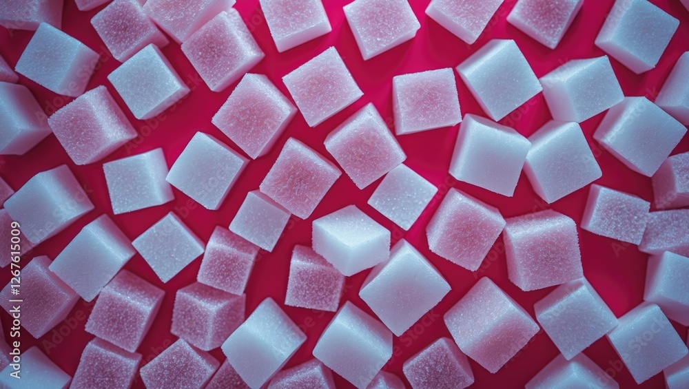 Poster assorted sugar cubes scattered on a vibrant background showcasing various shapes and sizes in a clos