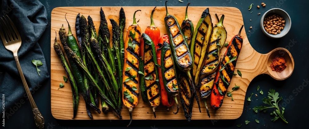 Poster grilled colorful vegetables arranged on a wooden board with copy space for text culinary presentatio