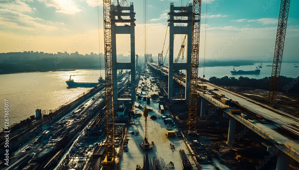 Poster captivating aerial view of a construction site showcasing large cranes and ongoing infrastructure de