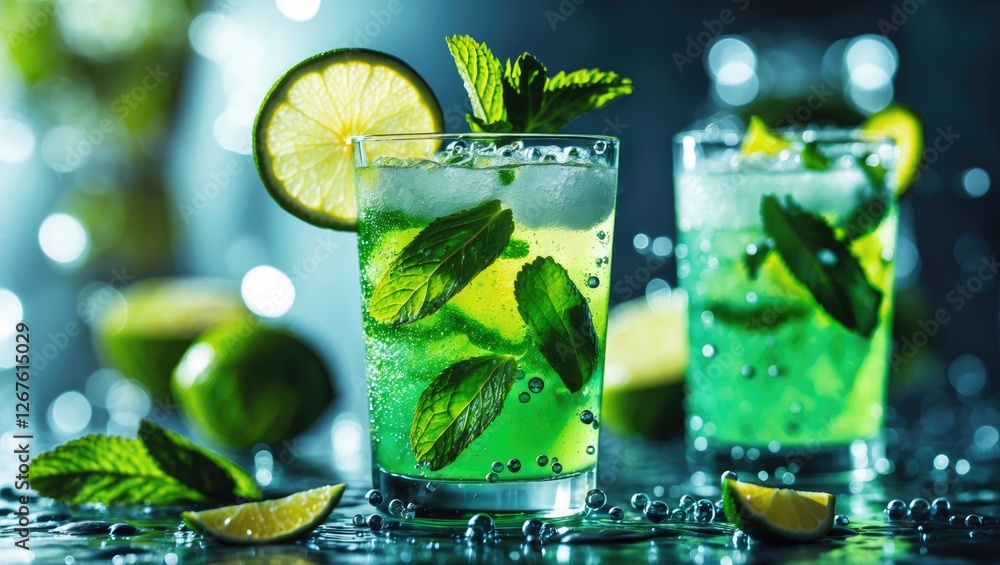 Poster refreshing mojito cocktail with mint and lime garnish surrounded by bubbles and ice in a vibrant set