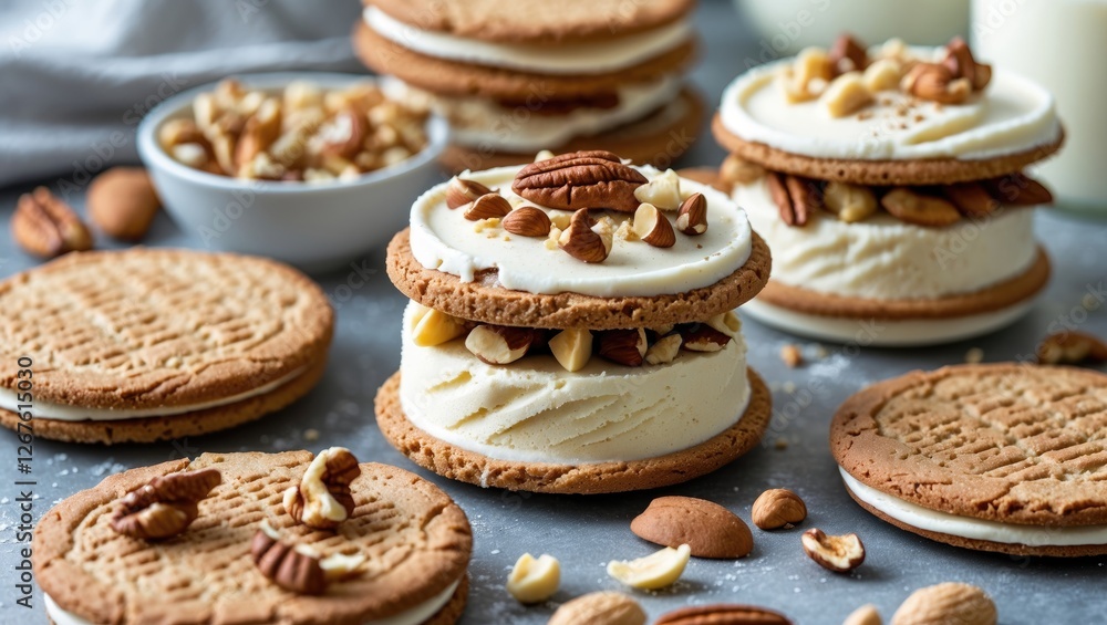 Poster homemade vanilla ice cream sandwiches with nuts on whole grain cookies and empty space for text in a