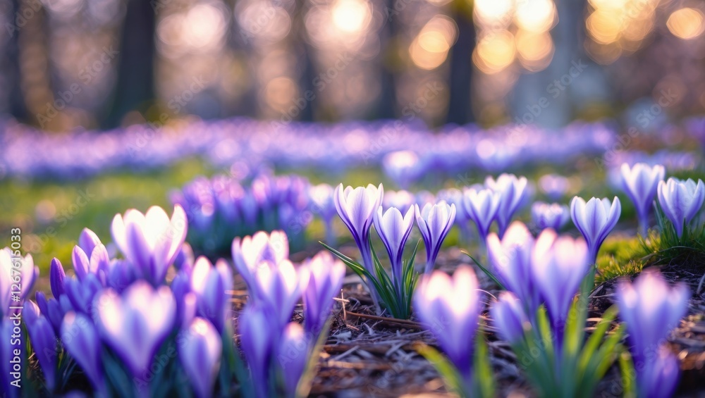 Poster spring crocuses in bloom with beautiful bokeh background and soft pastel tones perfect for seasonal 
