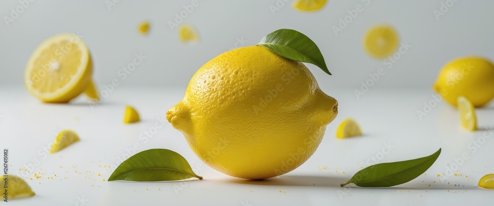 Aufkleber whole lemon surrounded by lemon wedges and green leaves on a white background with space for text an