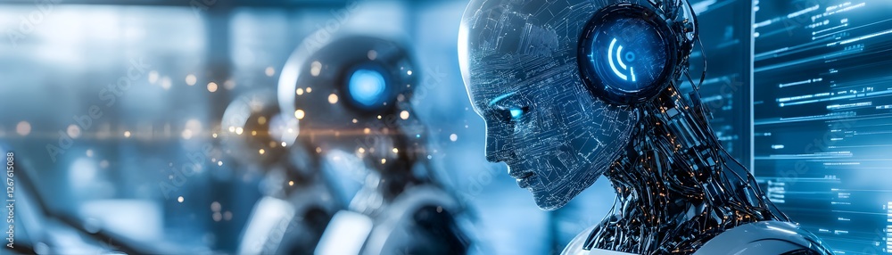 Poster close-up of a futuristic robot with glowing eyes and advanced technology. it represents the integrat
