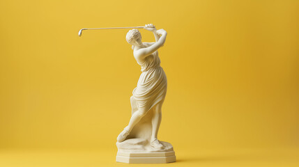 Roman statue sculpture figurine person playing golf isolated on color background