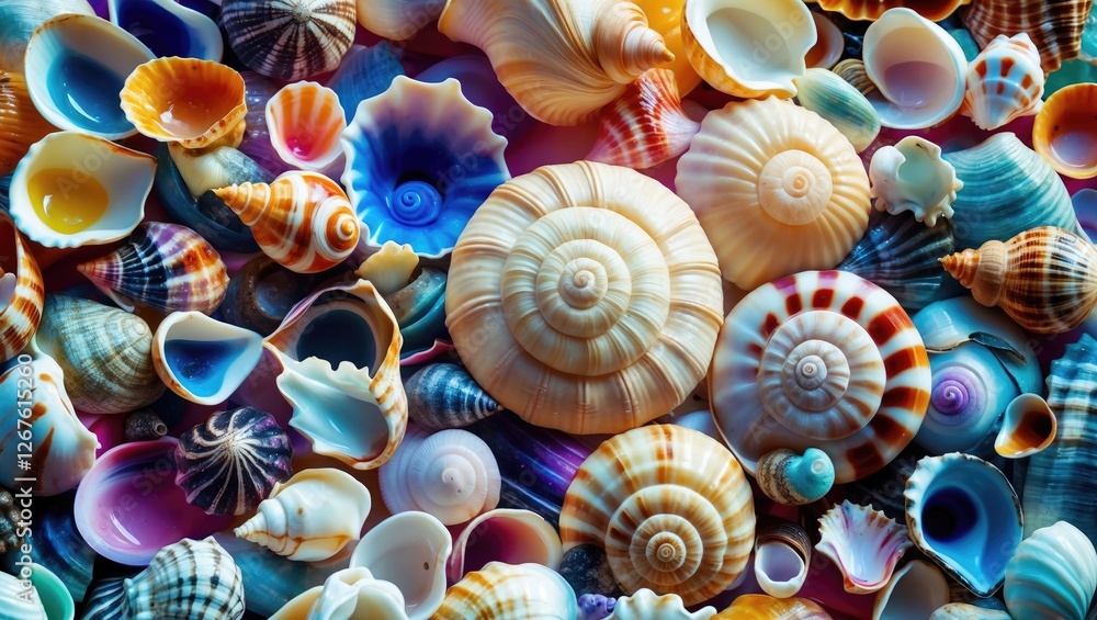 Poster colorful variety of seashells in different shapes and sizes including extra large snail shells on a 