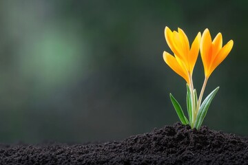 Obraz premium Yellow crocus flowers blooming in fertile soil