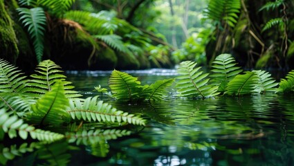 Lush green fern leaves floating on tranquil forest river with stunning water reflections, symbolizing nature's serene ecology and beauty.