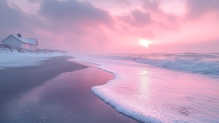 Fototapeta premium Serene pink sunrise over ocean beach with a white house.