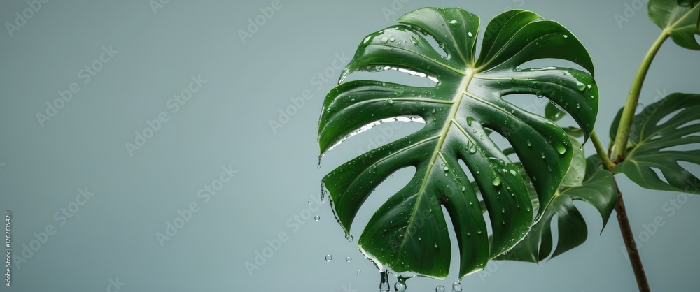 Poster monstera leaf with water droplets isolated on soft background ideal for nature themes and text overl