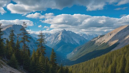 Fototapeta premium Majestic Mountain Landscape With Coniferous Forest Under A Blue Sky And Clouds Perfect For Nature Promotions And Outdoor Adventure Themes
