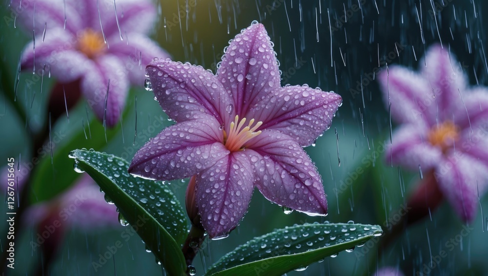 Poster ixora flower glistening with rain drops on petals and leaves with blurred background and empty space