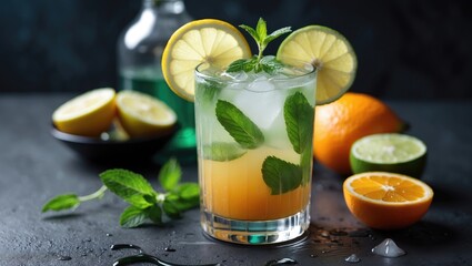 Fototapeta premium Refreshing Citrus Detox Drink with Mint, Lemon, Lime and Orange on Dark Table Promoting Healthy Lifestyle and Metabolism Boosting Benefits