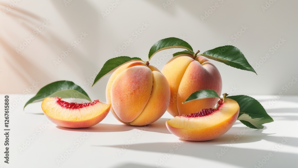 Poster fresh peaches with leaves on white background creating space for text and design elements