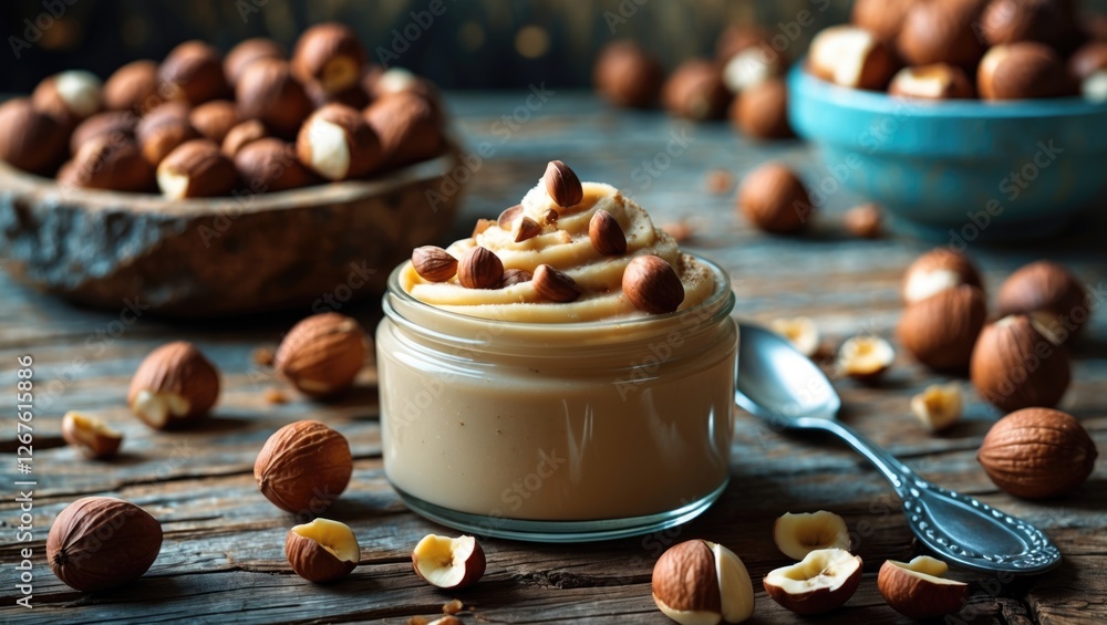 Poster delicious hazelnut cream topped with whole nuts surrounded by hazelnuts on a rustic wooden table in 