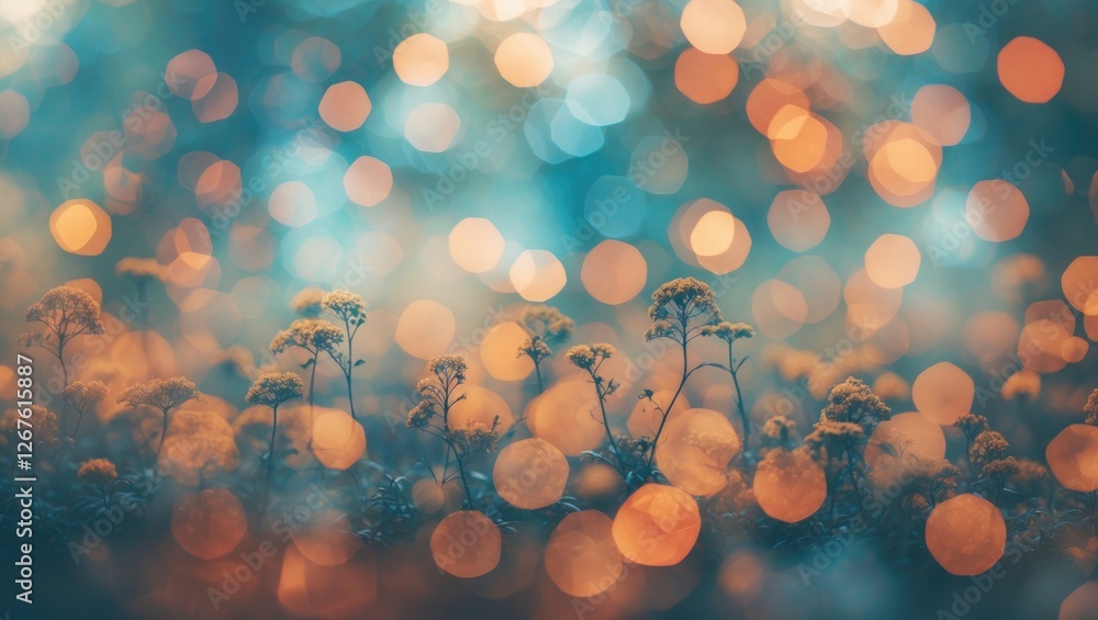 Poster bokeh nature background with vintage color tones and abstract floral elements in soft focus