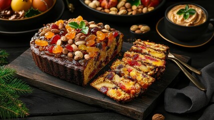 Fruitcake festive recipe concept. A beautifully decorated fruitcake with nuts, served on a wooden board, surrounded by bowls of fruits and nuts, creating a festive atmosphere.