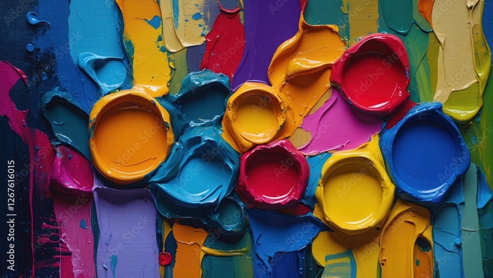 Poster colorful oil paint texture on canvas with vibrant paint circles creating an artistic and dynamic abs