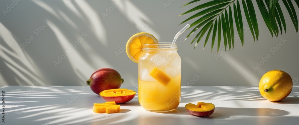 Aufkleber refreshing mango lemonade drink with citrus garnish and fragrant palm shadows on a sunlit table idea