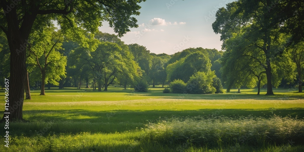 Poster serene summer landscape in a park with lush green trees and open meadow ideal for text placement and