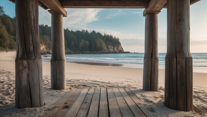 Serene beach landscape viewed through wooden pillars at sunset with gentle waves and lush greenery in the background.