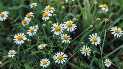 Fototapeta premium Chamomile Flowers in Lush Green Grass with Blank Space for Text Ideal for Natural Health and Wellness Themes