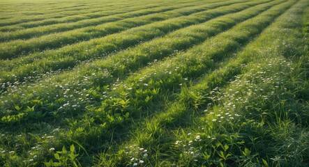 Vibrant Green Meadow with Lined Texture and Wildflowers Perfect for Nature Themed Backgrounds and Text Overlay