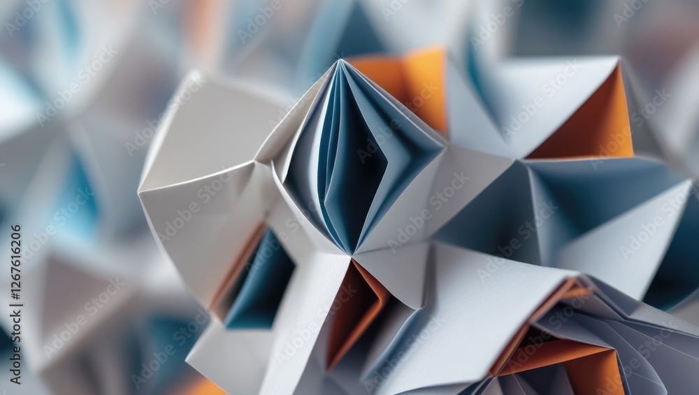Poster macro shot of intricate paper folds creating geometric shapes with a three-dimensional effect and an