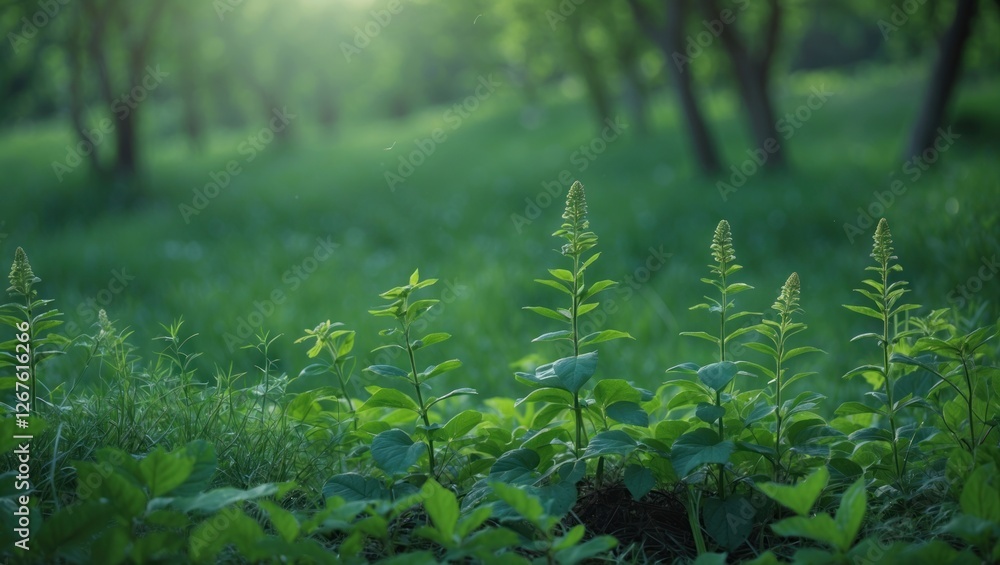 Poster lush green nature background with vibrant plants and soft sunlight filtering through trees creating 