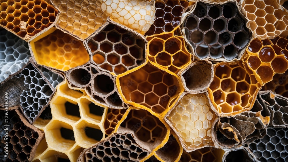 Poster close-up of a colorful honeycomb structure showcasing hexagonal cells and natural textures in shades