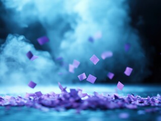 Purple confetti explosion with blue smoke.