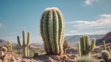 Barrel cactus thriving in a desert landscape with serene background and ample space for text or graphic overlay