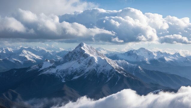 Snow-capped mountain peaks towering above fluffy white clouds under a clear blue sky showcasing breathtaking natural scenery. - Powered by Adobe