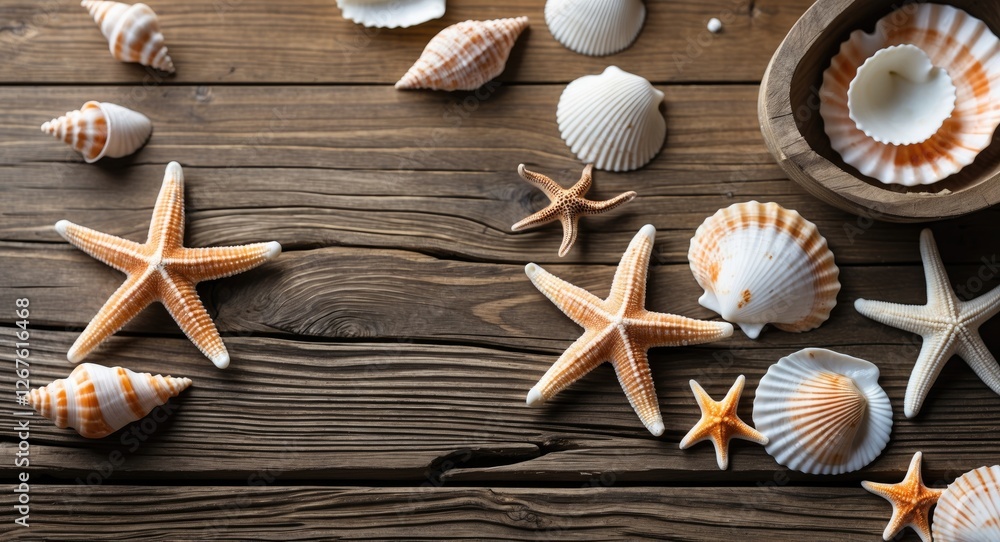 Poster marine elements including seashells and starfish arranged on rustic wooden planks with space for tex