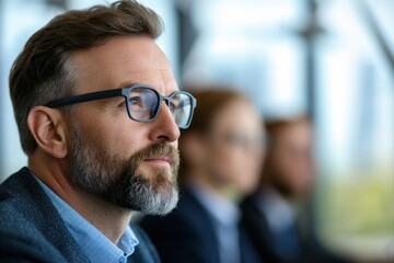 focused businessman at meeting wearing glasses