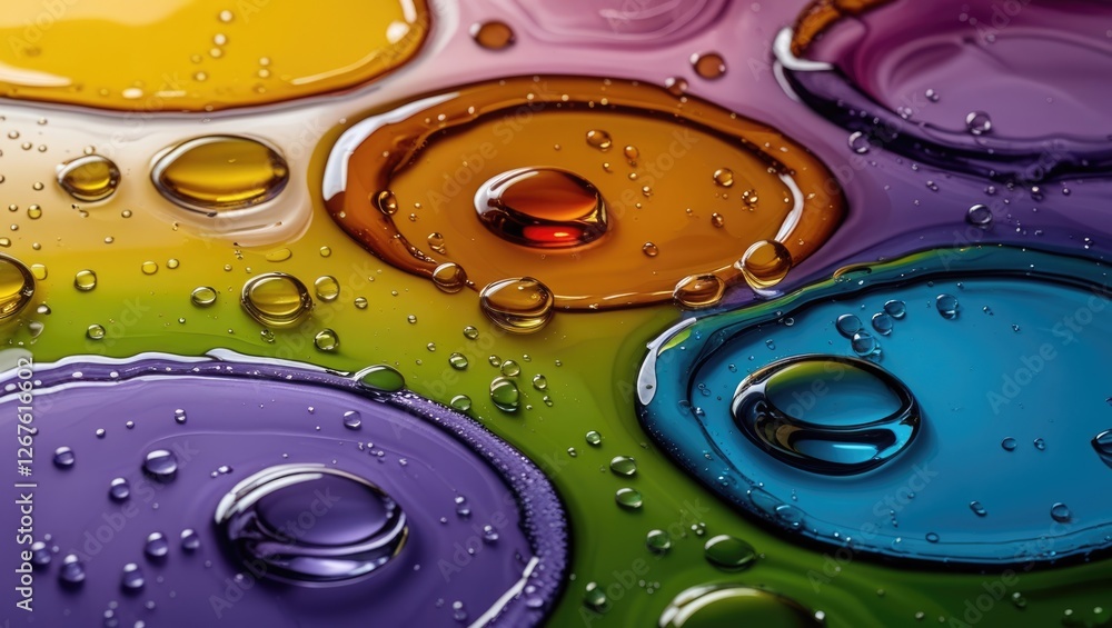 Poster macro photo of oil droplets on a colorful abstract background creating vibrant circles and ovals ref