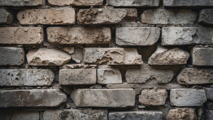 Obraz premium Textured close-up of an aged brick wall featuring rough surfaces and color variations ideal for design and artistic backgrounds.