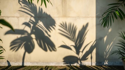 Blurry Shadows of Tropical Leaves on Cream Concrete Wall Creating Minimalist Abstract Background for Product Display and Presentation